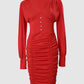 Contrast Mesh Puff Sleeve Ruched Bodycon Dress