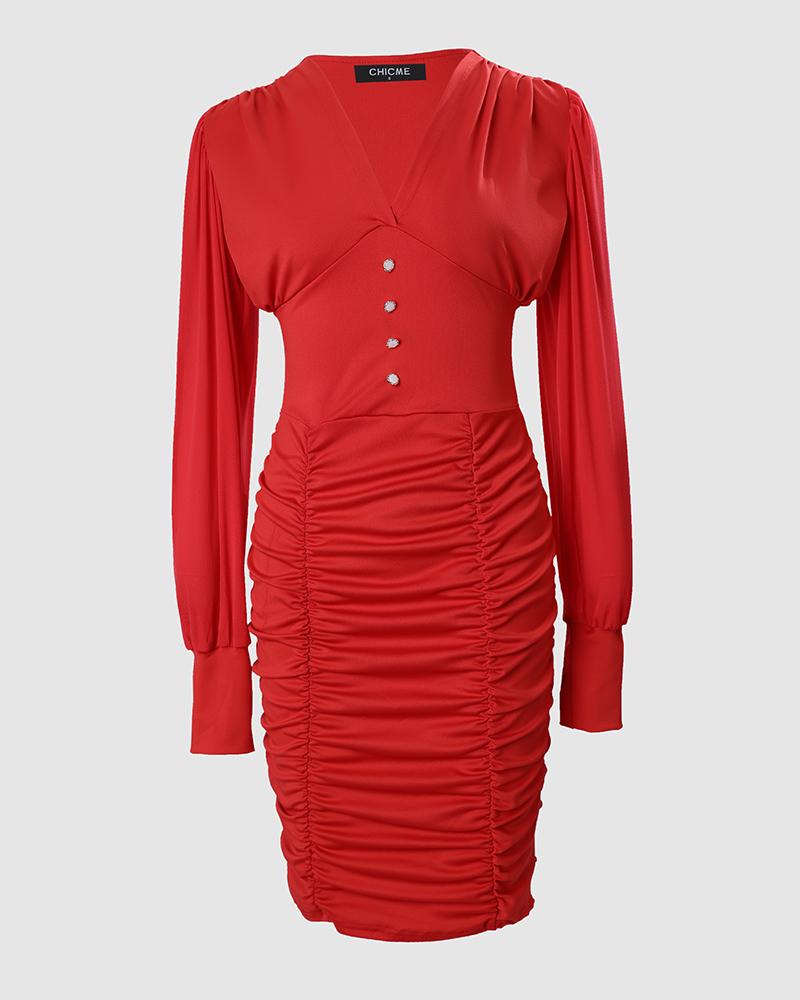 Contrast Mesh Puff Sleeve Ruched Bodycon Dress