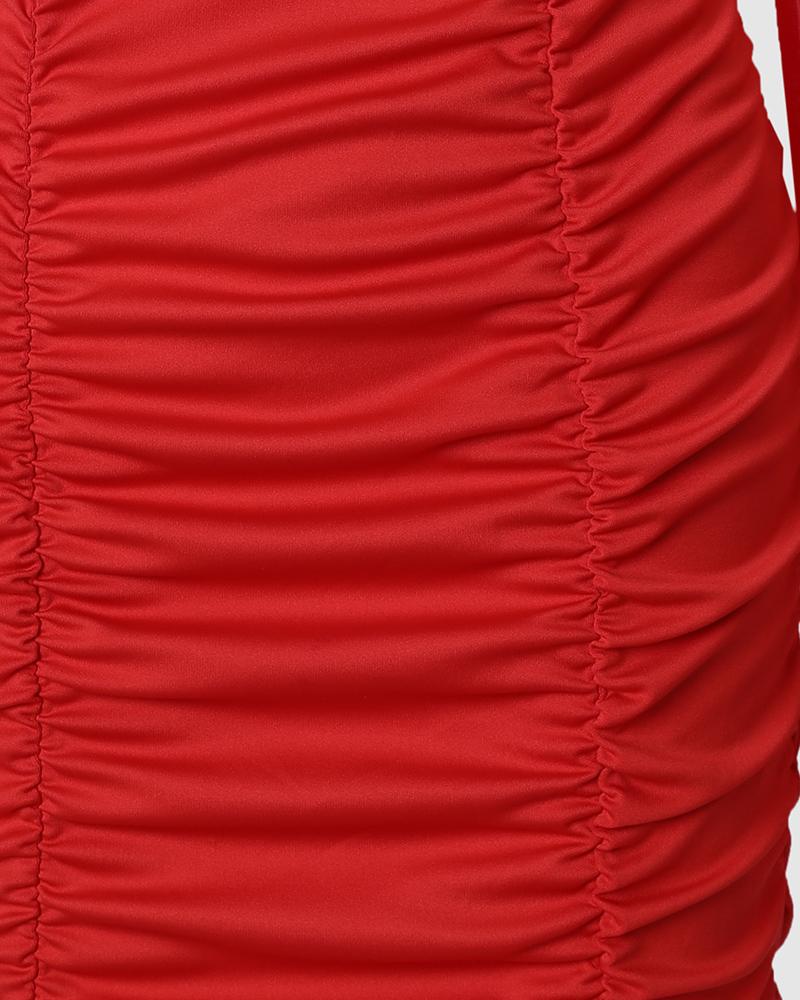 Contrast Mesh Puff Sleeve Ruched Bodycon Dress