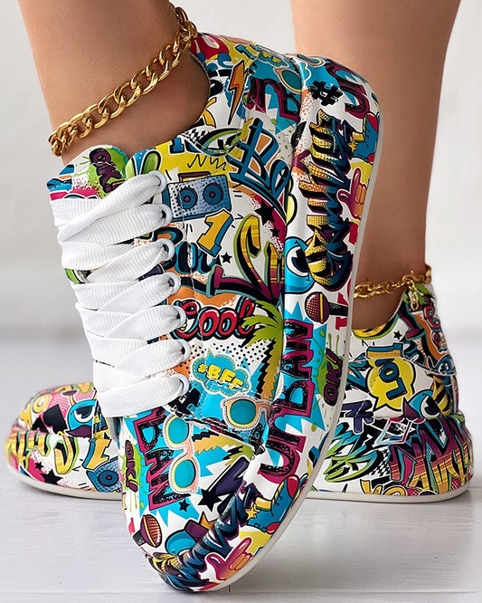 Cartoon Print Lace up Casual Sneakers
