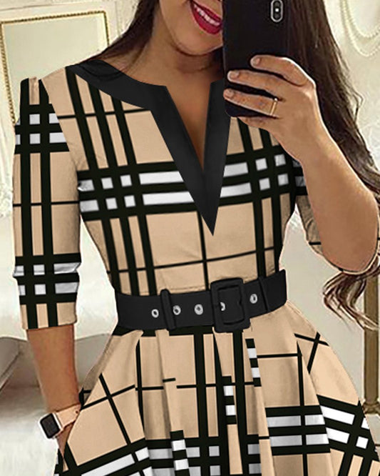 Plaid Print Notch Neck Casual Dress With Belt