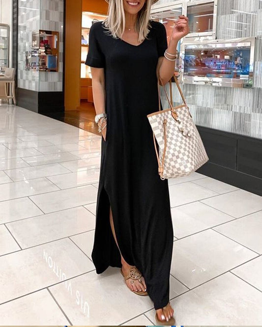 Solid Color Short Sleeve Slit Maxi Dress With Pockets