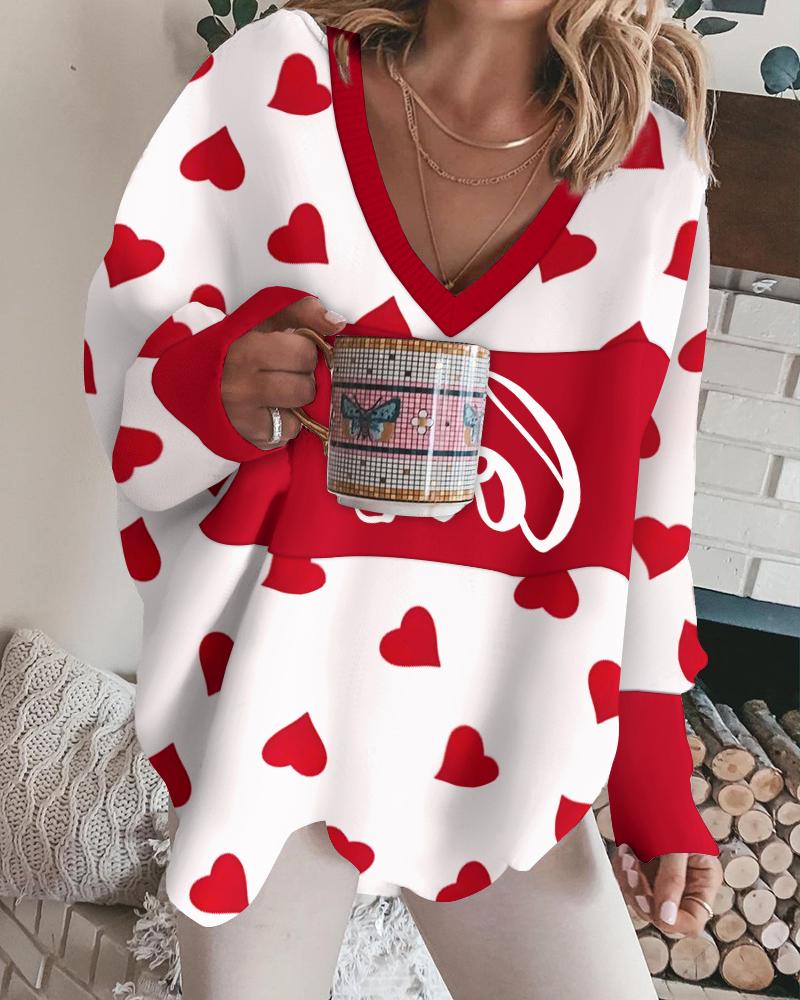Valentine's Day Heart Love Print Batwing Sleeve Top
