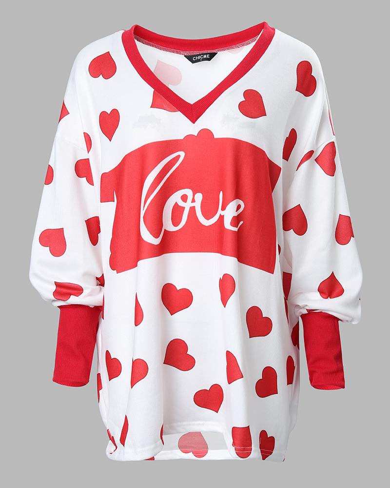Valentine's Day Heart Love Print Batwing Sleeve Top