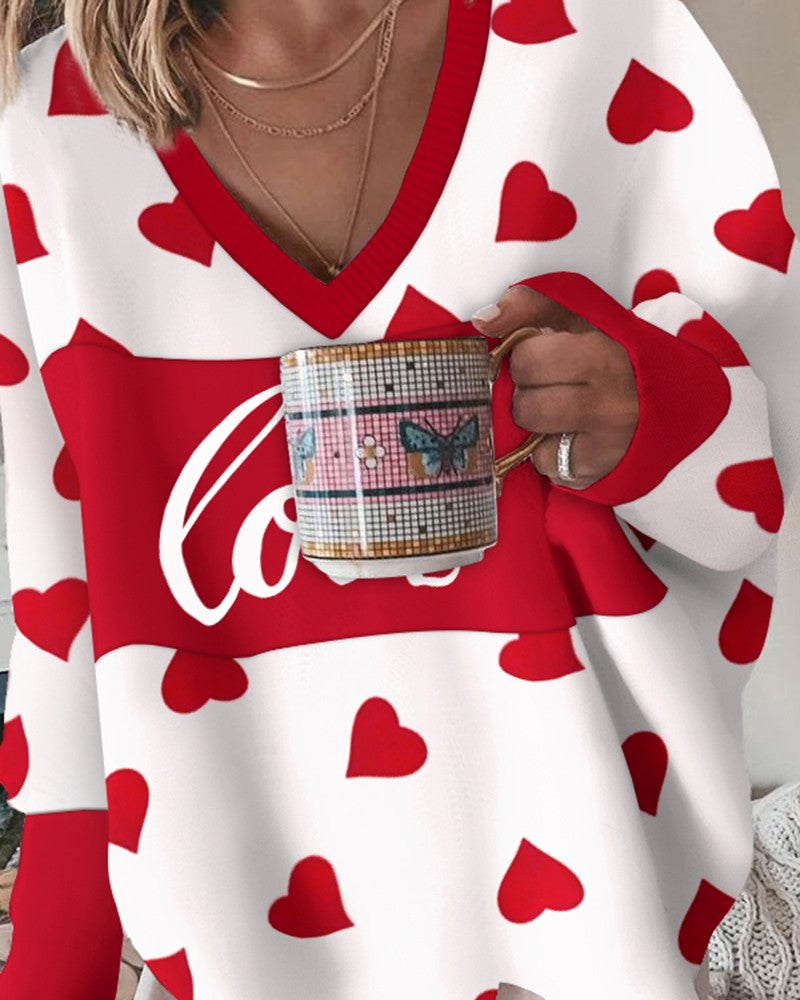 Valentine's Day Heart Love Print Batwing Sleeve Top