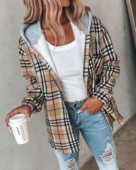 Plaid Print Buttoned Hooded Shacket