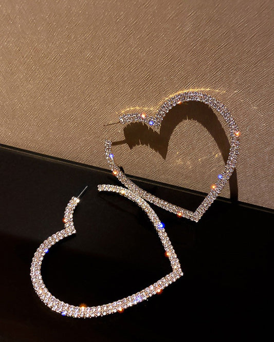1Pair Allover Rhinestone Heart Shaped Hoop Earrings
