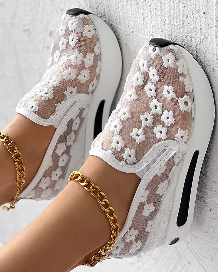 Floral Embroidery Slip on Muffin Sneakers
