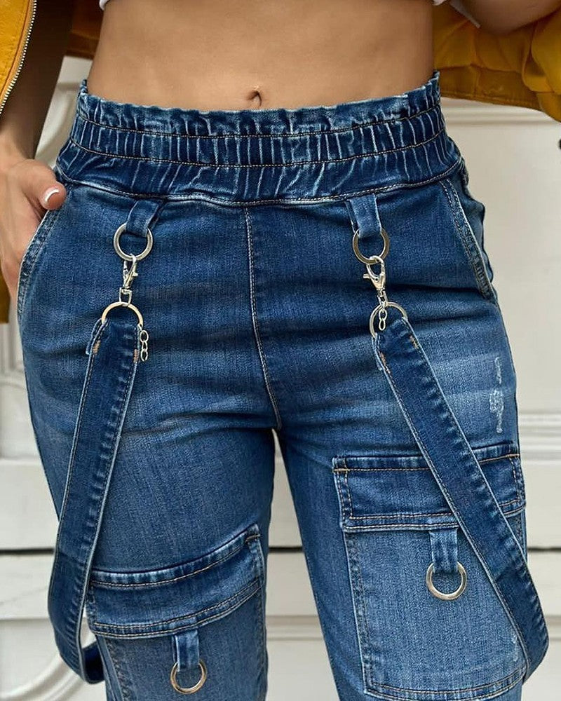 O Ring Decor Pocket Design Denim Suspender Jumpsuit