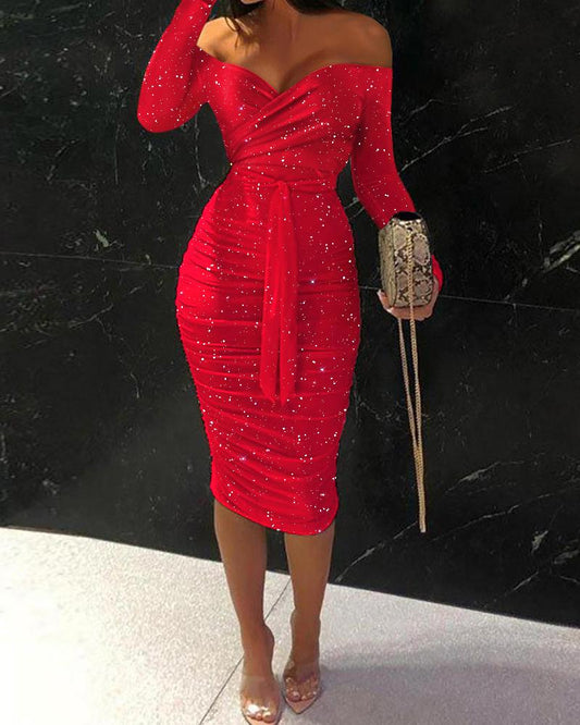 Glitter Off Shoulder Tie Front Ruched Party Dress