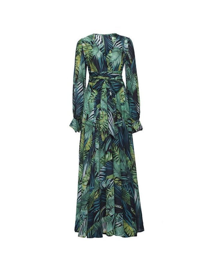Tropical Print Lantern Sleeve Belted Maxi Dress