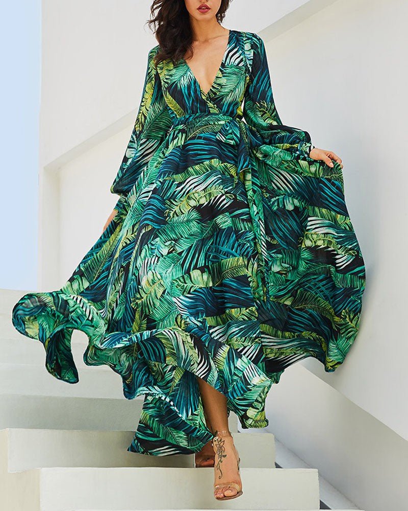 Tropical Print Lantern Sleeve Belted Maxi Dress