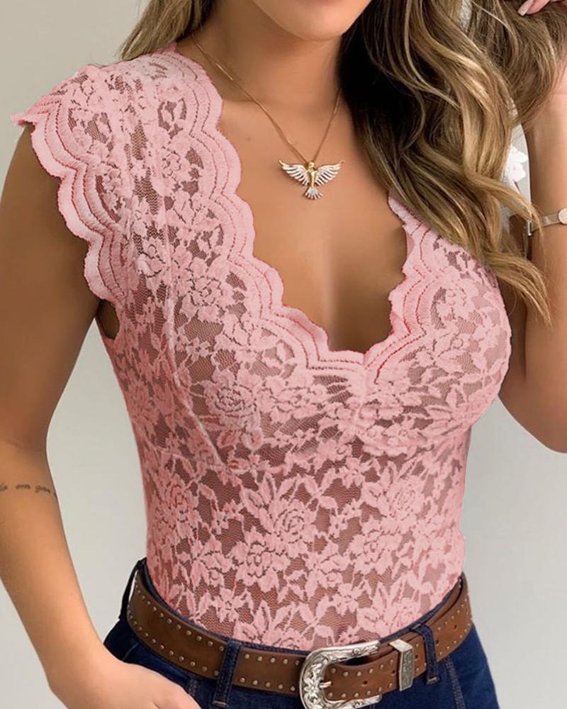 Crochet Lace V Neck Bodysuit