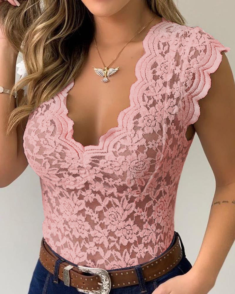 Crochet Lace V Neck Bodysuit