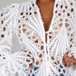 Eyelet Embroidery Button Front Bell Sleeve Top