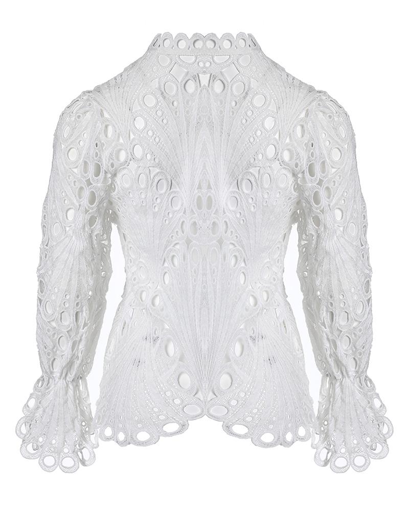 Eyelet Embroidery Button Front Bell Sleeve Top