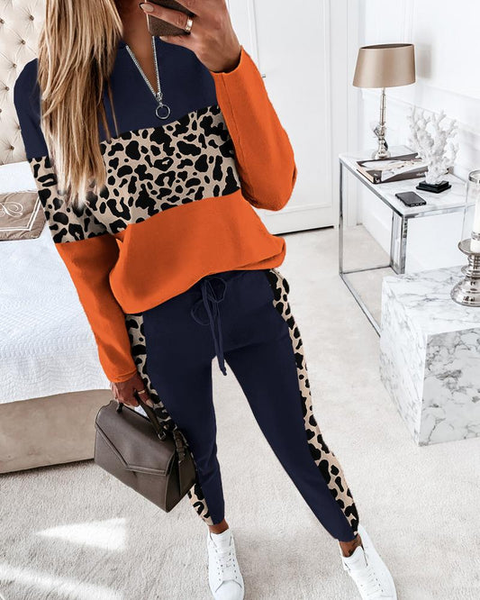 Contrast Leopard Colorblock Long Sleeve Top & Pants Set
