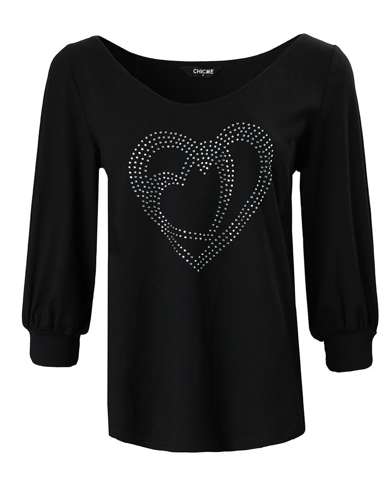 Valentine's Day Rhinestone Double Heart Pattern Casual Top