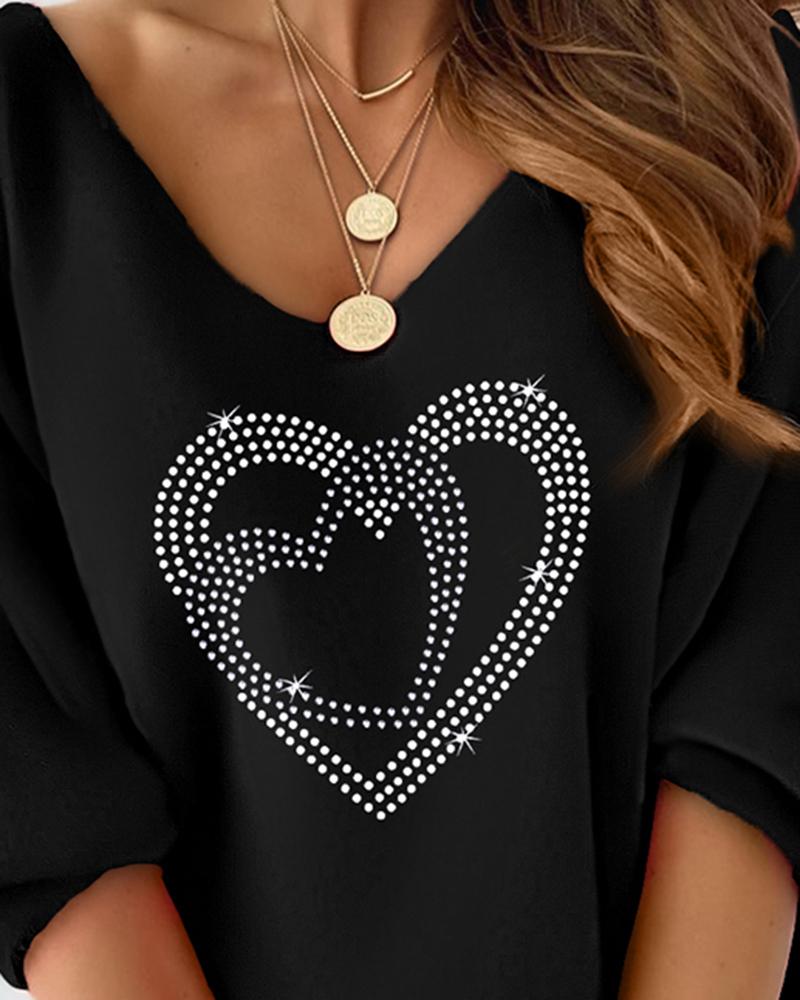 Valentine's Day Rhinestone Double Heart Pattern Casual Top