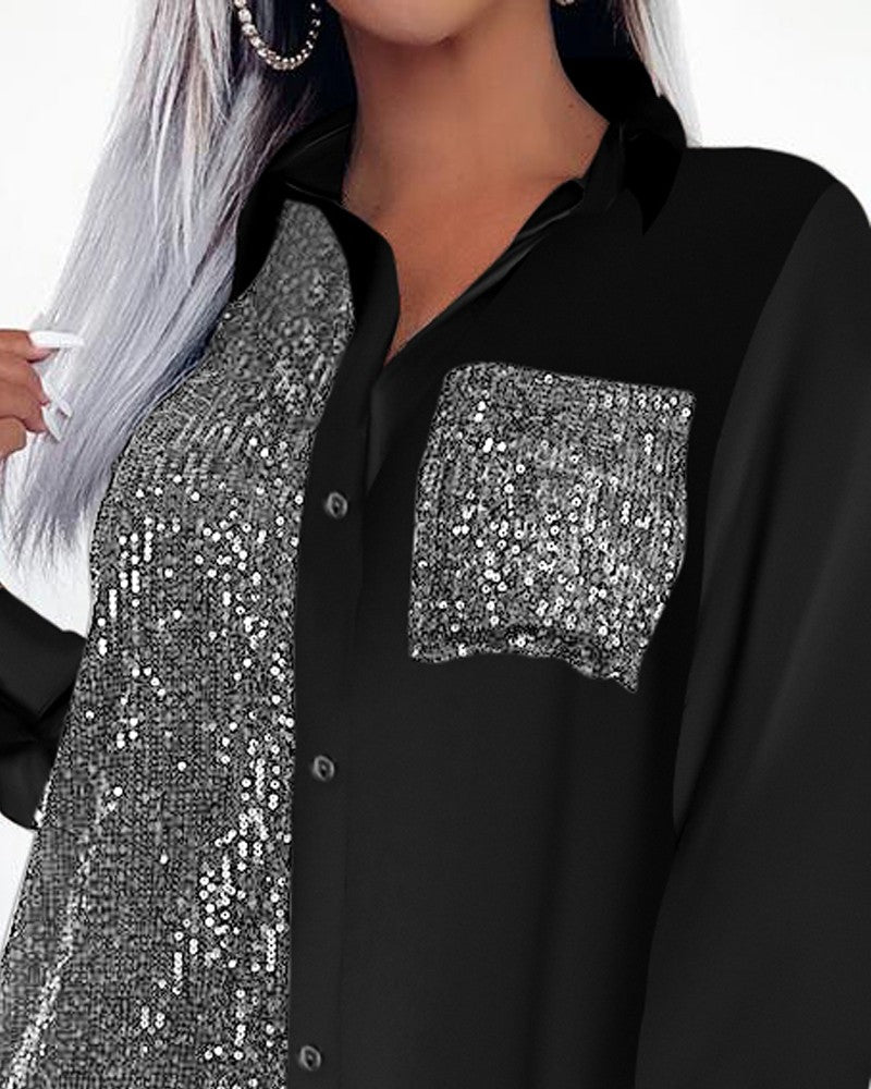 Contrast Sequin Pocket Design Shirt Dress