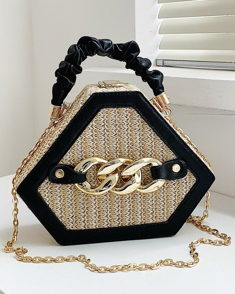Trendy Chain Decor Top Handle Straw Geometrical Crossbody Bag