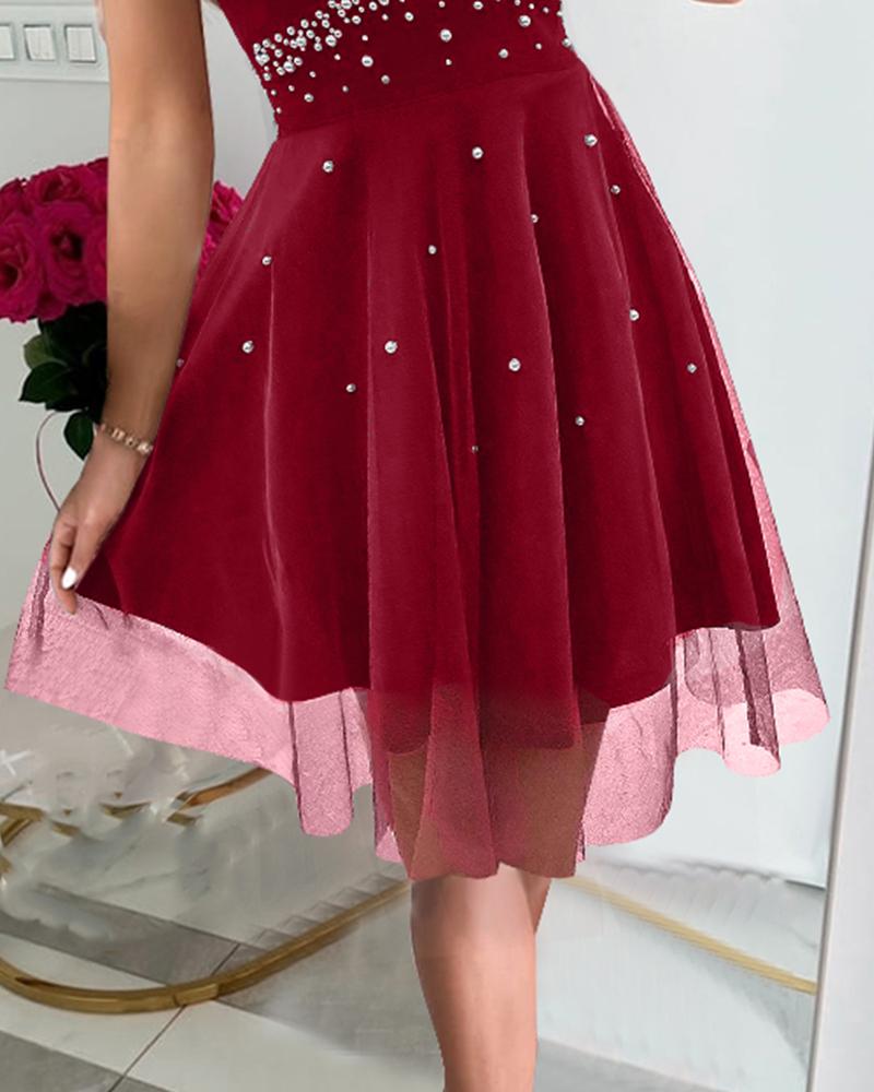 Plunge Beaded Sheer Mesh Ruched Party Dress