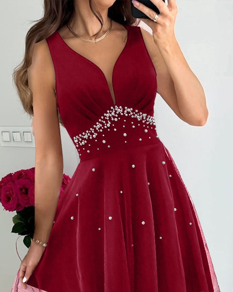 Plunge Beaded Sheer Mesh Ruched Party Dress