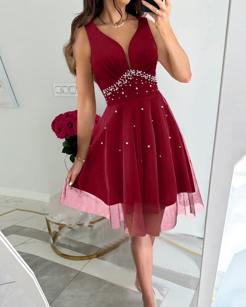 Plunge Beaded Sheer Mesh Ruched Party Dress