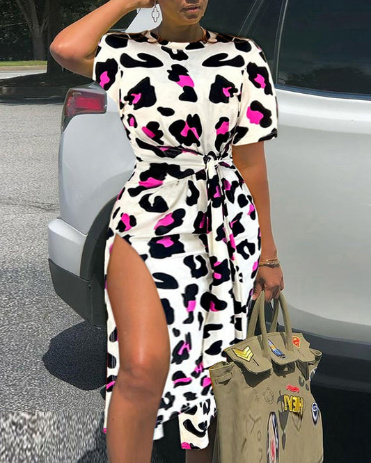 Pink Leopard Print Tied Detail Slit Casual Dress
