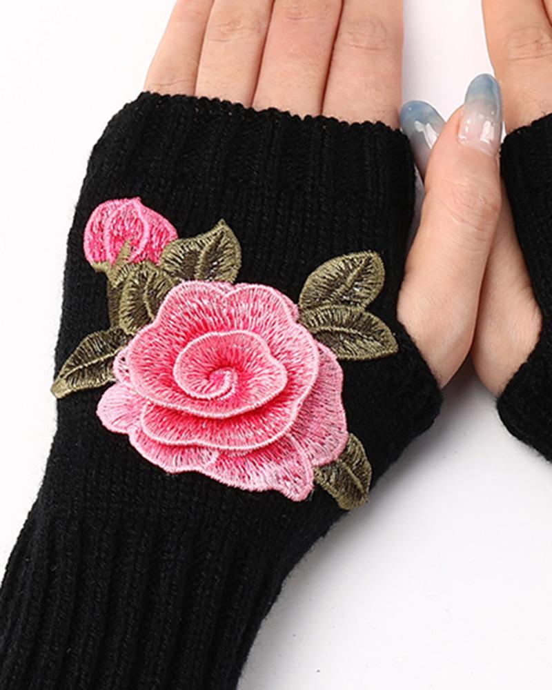 1Pair Floral Embroidery Fingerless Winter Knit Warm Gloves