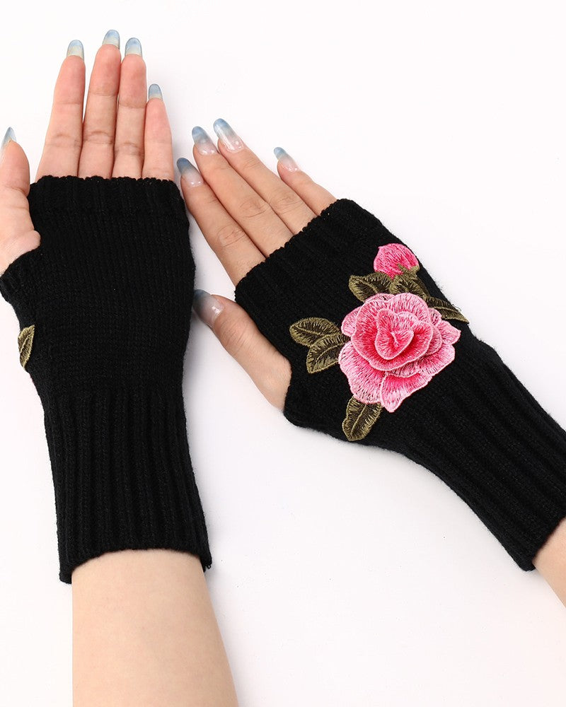 1Pair Floral Embroidery Fingerless Winter Knit Warm Gloves