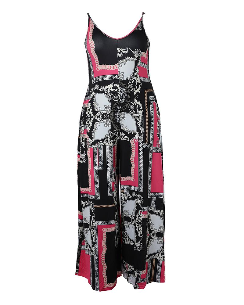 Plus Size Baroque Scarf Print Wide Leg Jumpsuit