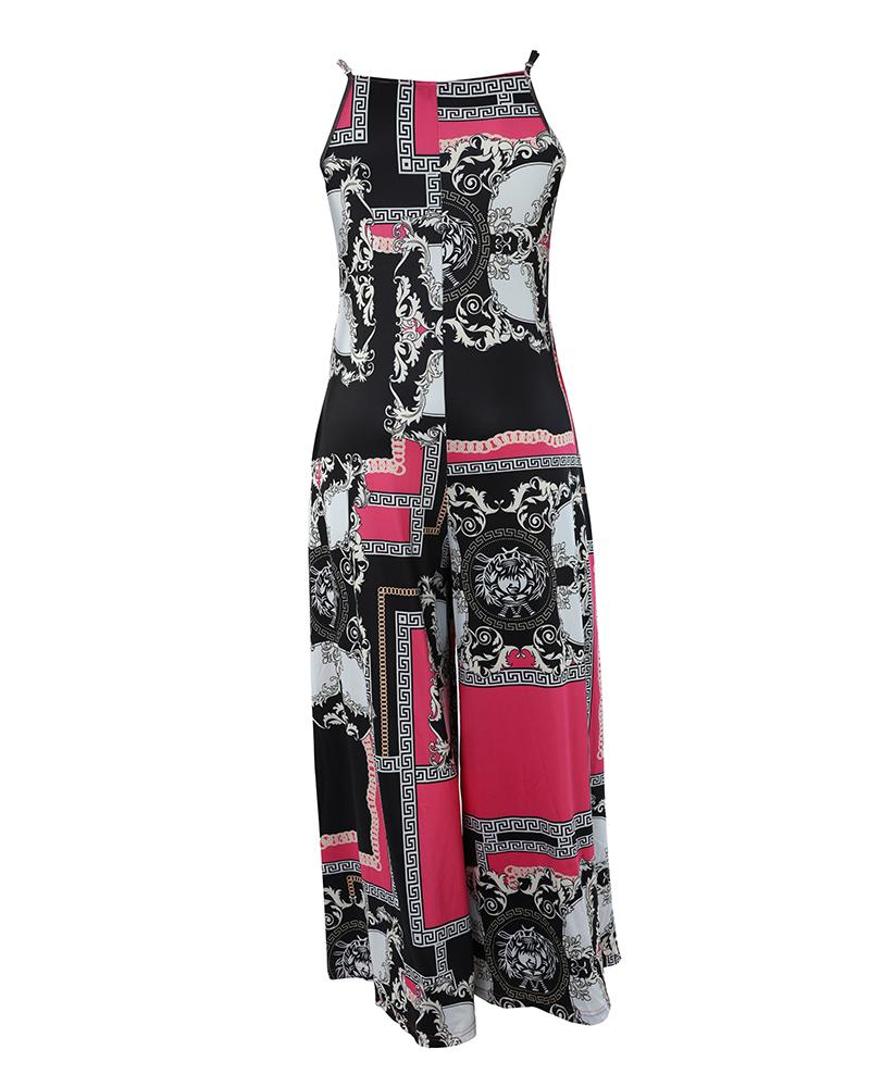 Plus Size Baroque Scarf Print Wide Leg Jumpsuit