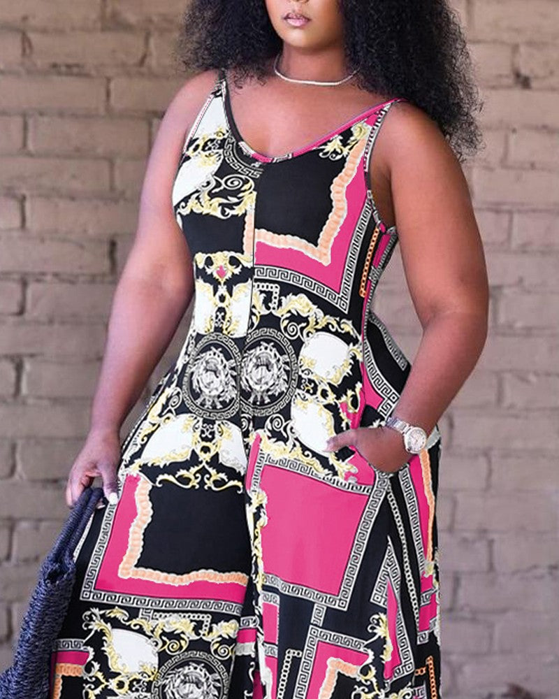 Plus Size Baroque Scarf Print Wide Leg Jumpsuit