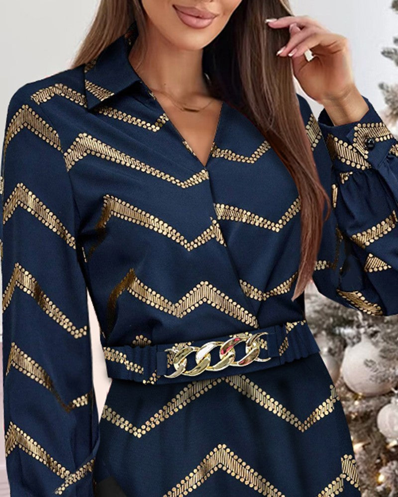 Chevron Print Colorblock Long Sleeve Dress