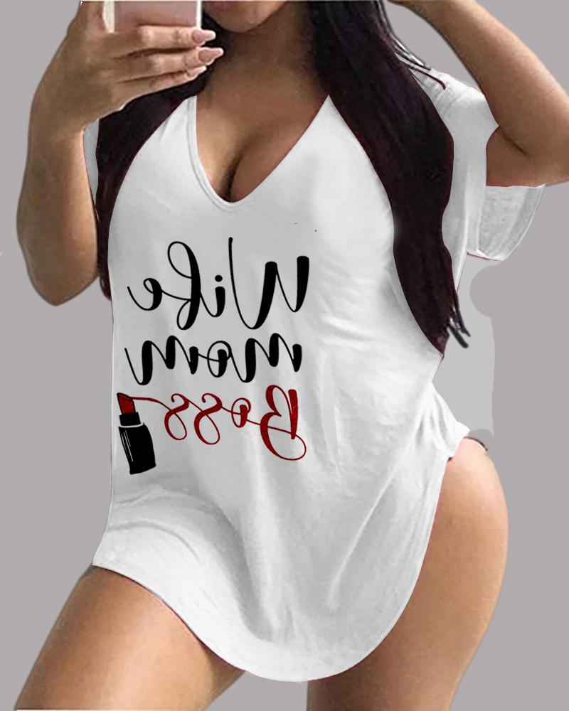 Mother's Day Gift V Neck Letter Print Short Sleeve T shirt