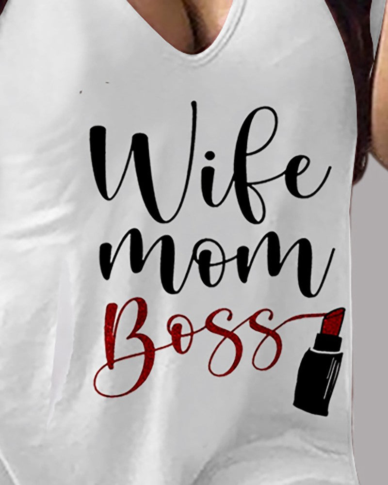 Mother's Day Gift V Neck Letter Print Short Sleeve T shirt