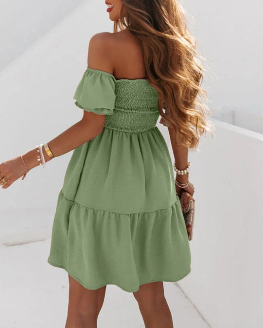 Off Shoulder Shirred Flowy Swing Dress