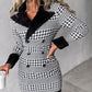 Colorblock Houndstooth Print Fuzzy Double Breasted Coat