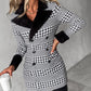 Colorblock Houndstooth Print Fuzzy Double Breasted Coat
