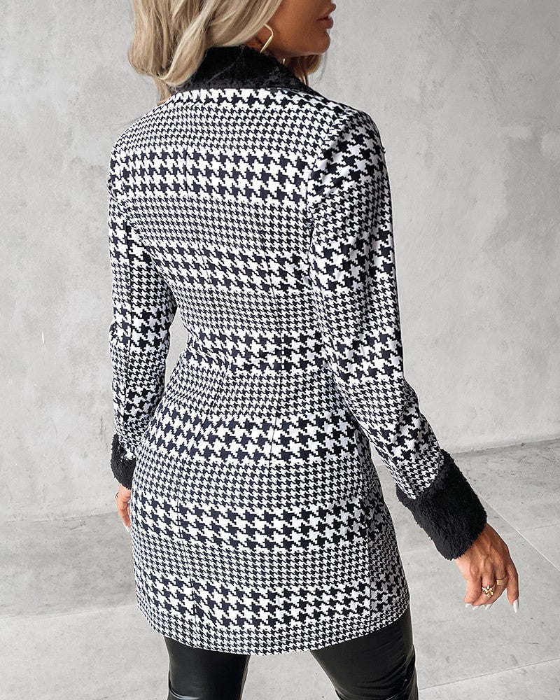Colorblock Houndstooth Print Fuzzy Double Breasted Coat