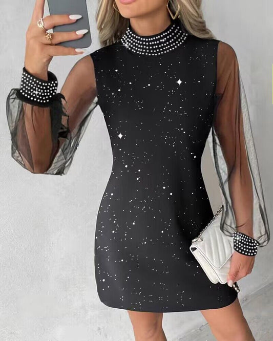 Sheer Mesh Patch Glitter Rhinestone Casual Dress