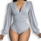 Deep V Neck Ruched Ribbed Bodysuit