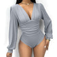 Deep V Neck Ruched Ribbed Bodysuit