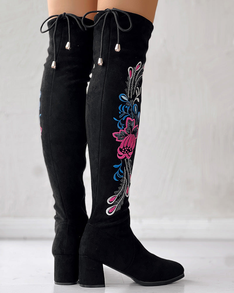 Floral Embroidery Tied Detail Over The Knee Long Boots