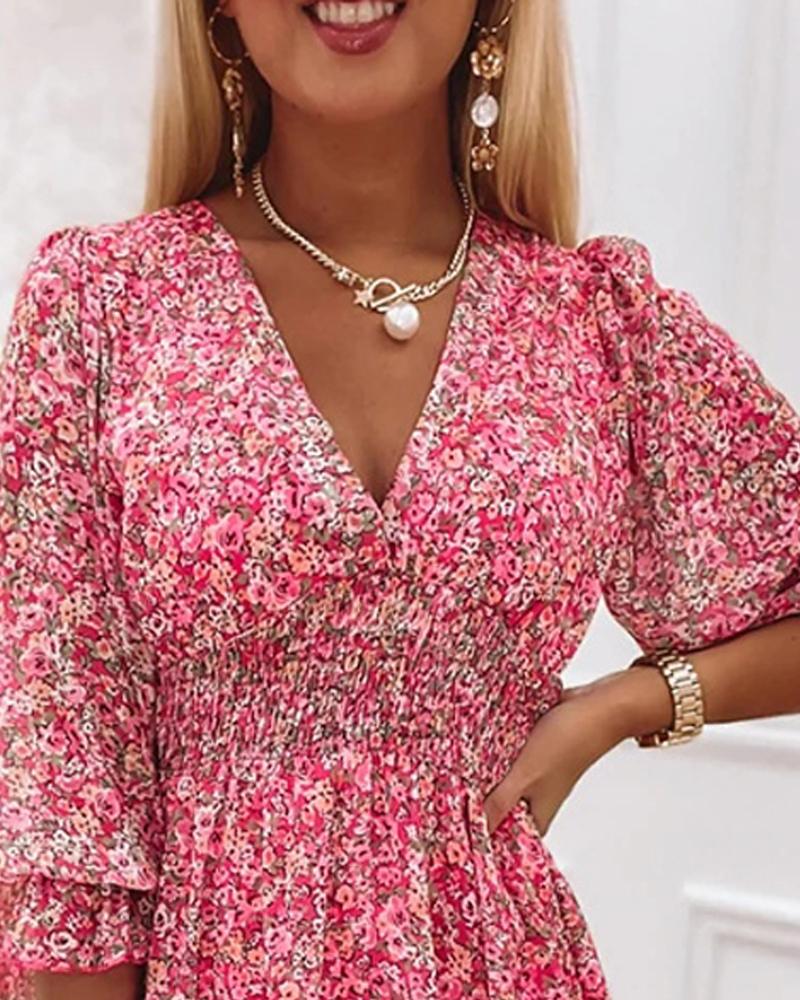 Pink Ditsy Floral Print Lantern Sleeve Ruffles Shirred Dress