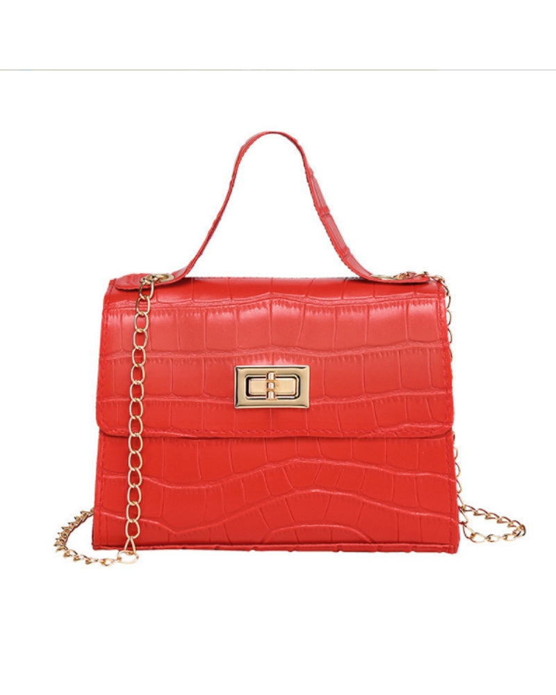 Croc Embossed Twist Lock Flap Satchel Bag