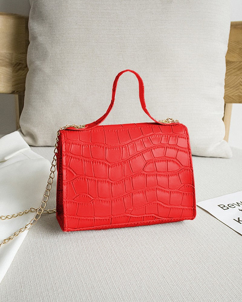 Croc Embossed Twist Lock Flap Satchel Bag