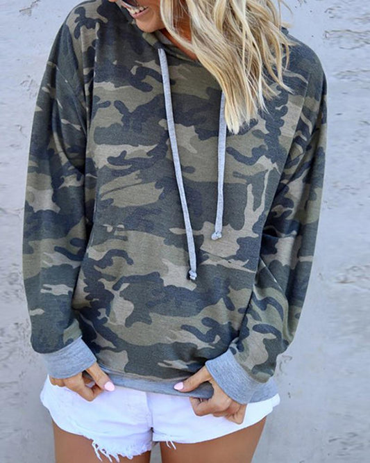 Hooded Camouflage Drawstring Design Sweatshirt