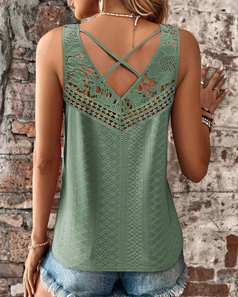 Eyelet Embroidery Crisscross Lace Patch Tank Top